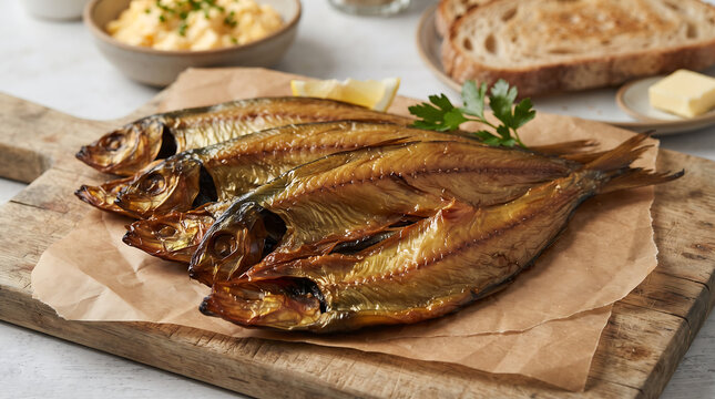 Three whole smoked fish served on parchment with butter and bread.