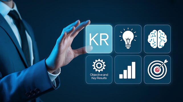 Businessman's hand presses KR button with glowing icons for innovation and strategy on dark blue background