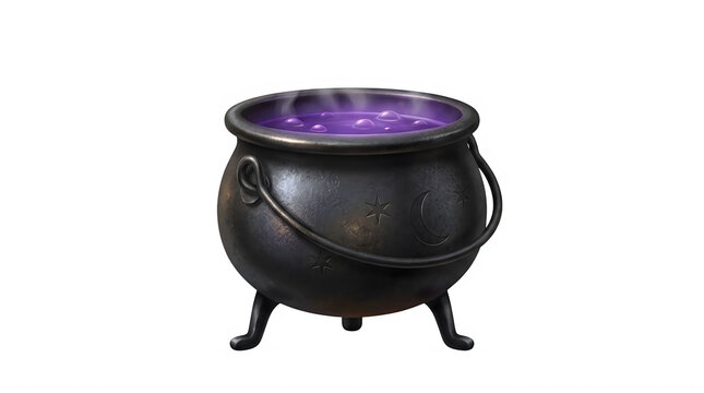 Witch cauldron with bubbling purple magic as isolated PNG