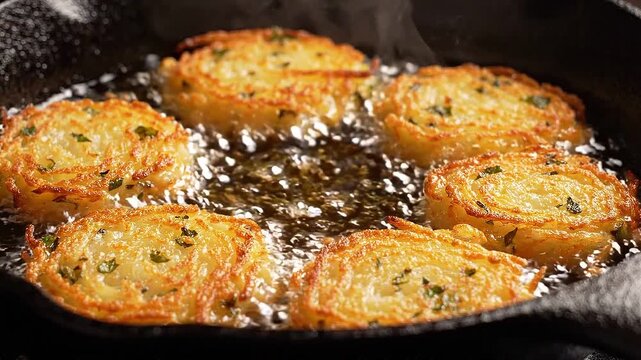 Potato cakes frying in a cast iron skillet. Golden brown hash browns cooking in hot oil. Gourmet food preparation process for a crispy breakfast side dish meal.