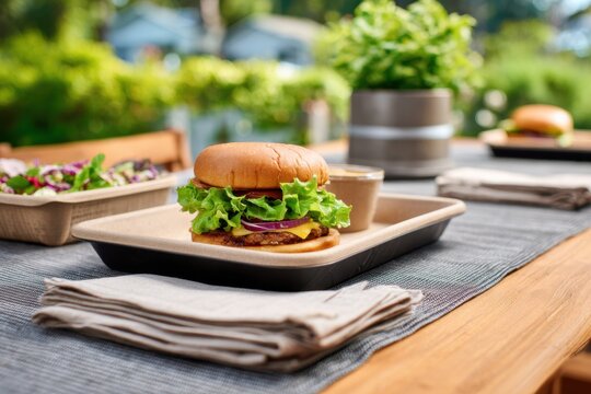 Cheeseburger with lettuce and onion served on a craft paper tray outdoors. Gourmet meal for garden party picnic. Delicious lunch concept with fresh food on wooden picnic table.