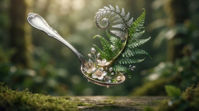 Silver spoon with fern leaf and flowers in a forest