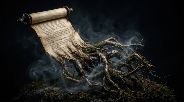 Old parchment scroll intertwined with tree roots and swirling smoke
