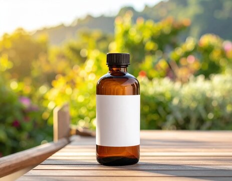 Amber glass bottle with blank label on wooden surface, natural skincare serum mockup, wellness packaging, spa essential oils and aromatherapy