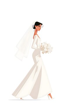 Bride walking in wedding dress with veil, elegant flat vector illustration