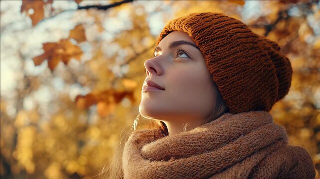 A woman with a knit hat and scarf looks into the distance during fall.