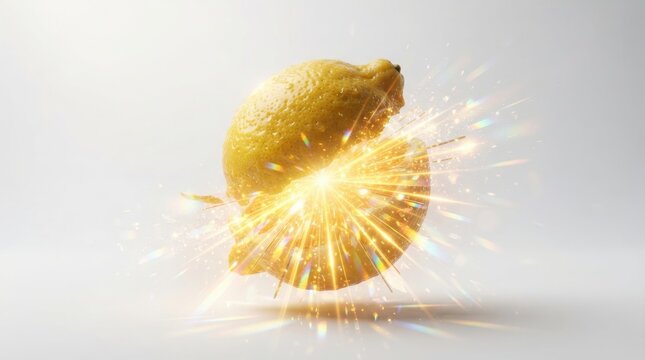 Exploding fresh lemon with bright light flares