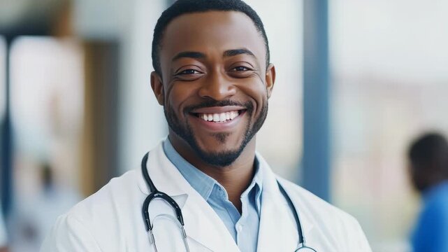 Cheerful male physician in medical coat and stethoscope. Smiling and friendly appearance.