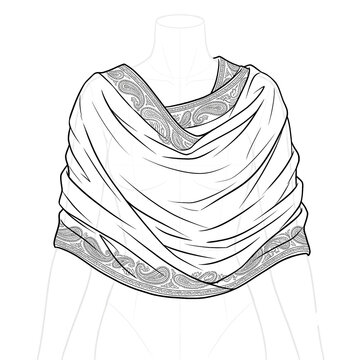 Hand drawn sketch of draped pashmina shawl. 3/4 view.