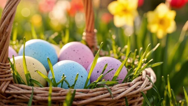 Painted easter egg in wicker basket on spring grass. Decorative hunt tradition with colorful spotted egg among fresh meadow flower for christian seasonal holiday.