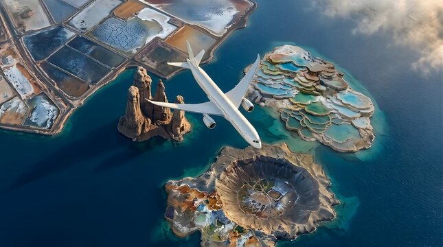 White airplane flying over surreal tropical archipelago featuring geological formations and vibrant salt evaporation ponds aerial view