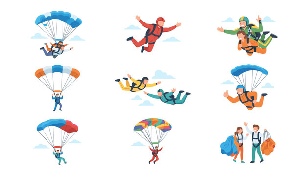 Skydiving and parachute jumping vector illustration set featuring tandem skydivers extreme sport athletes flying and freefalling in the sky isolated on white background