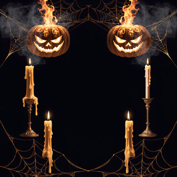 Four flickering candles in ornate holders, illuminated jack-o'-lanterns with fiery tops, and cobwebs adorn this dark, symmetrical Halloween composition, creating a festive and spooky atmosphere.