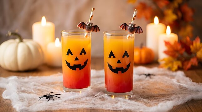Festive halloween cocktails with pumpkin faces and seasonal autumn decorations