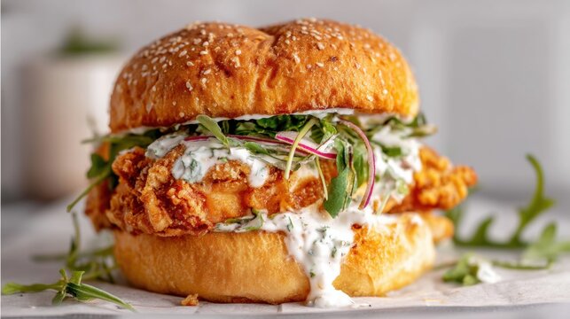 Crispy fried chicken sandwich with creamy dressing and fresh greens. Delicious gourmet burger with bread bun on rustic background. Concept of fast food, snack and unhealthy nutrition.