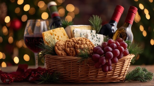 Gift basket with wine, cheese, cracker and grape. Festive Christmas hamper arrangement for holiday party celebration. Gourmet food selection for luxury winter event or present.