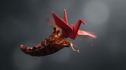 Obraz premium Red paper origami crane flying out of a dried chili pepper