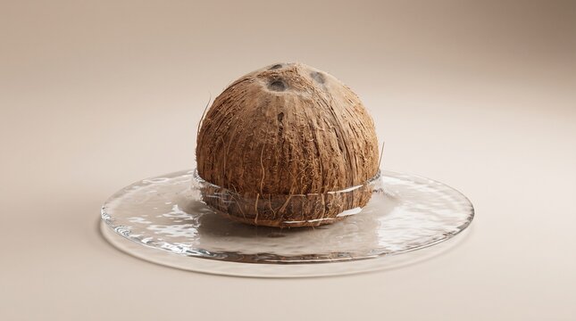 Realistic Coconut Resting in Clear Water, Tropical Still Life