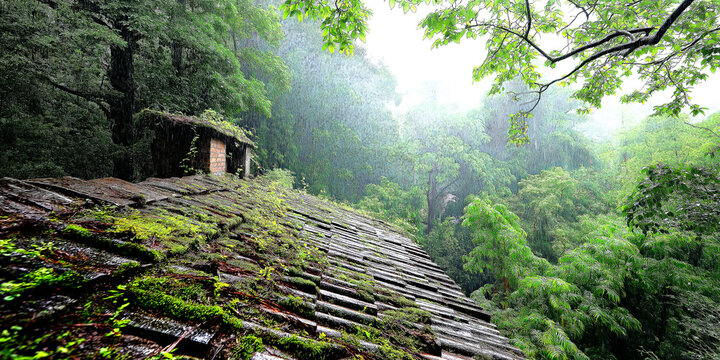 Rainy Forest Cabin with Moss Covered Roof in Lush Green Jungle