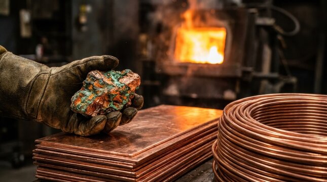 Miner hand holding raw copper ore beside copper cathodes, wire coils, and furnace glow