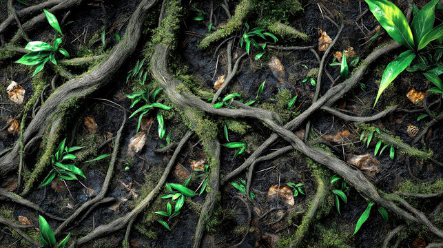 Top View of Forest Floor with Twisted Tree Roots and Green Leaves