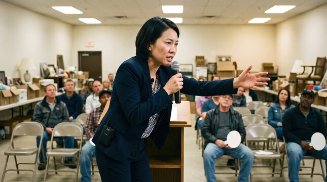 Auctioneer urging quiet crowd at household liquidation sale with microphone
