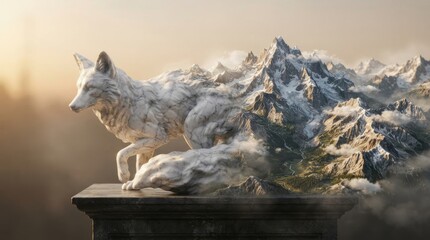 Obraz premium Marble fox sculpture merging with a mountain landscape
