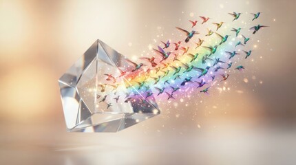 Obraz premium Crystal prism refracting light into colorful hummingbird silhouettes
