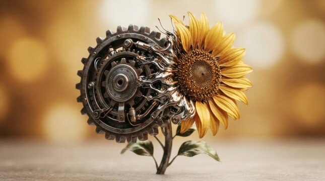 Steampunk sunflower with metallic mechanical gears and cogs