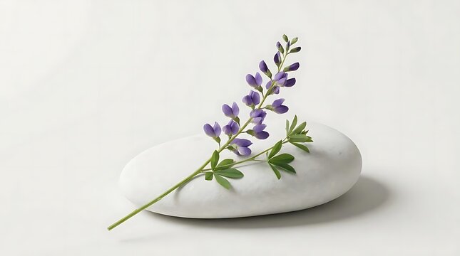 A minimalist studio shot featuring a single sprig of baptisia tinctoria resting gracefully atop a smooth white river stone against a plain backdrop