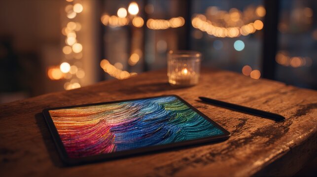Digital tablet displaying colorful abstract art on wooden table in cozy room. Creative workspace at night with glowing bokeh lights for relaxing project conceptualization and design work.