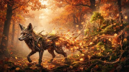 Obraz premium Fantasy fox made of tree branches and autumn leaves in forest