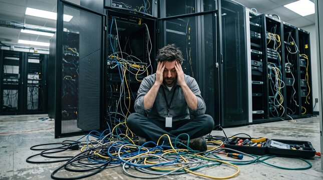 Server room cable chaos leaves IT worker stranded during system outage