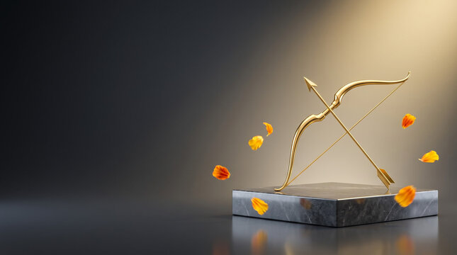 Dussehra concept, elegant minimalist glowing golden bow and arrow resting on sleek dark marble exhibition podium with floating marigold petals, charcoal studio background with copy space