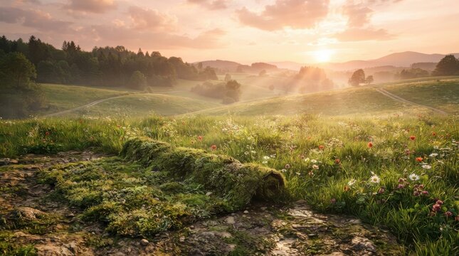 Unrolled moss turf roll on a lush meadow at sunrise