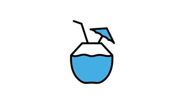 Animated coconut water drink icon for beach vacation, holiday menu. Tropical fruits or summer animation video with alpha channel