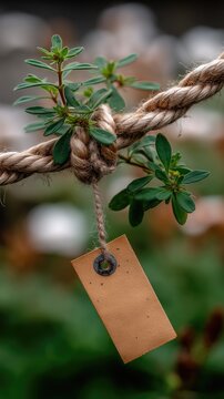 Brown paper tag hangs from a jute string tied to a tree branch with green leaves under natural light in a blurred green background