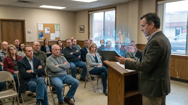 City planner explaining tablet rendering to skeptical crowd at public meeting