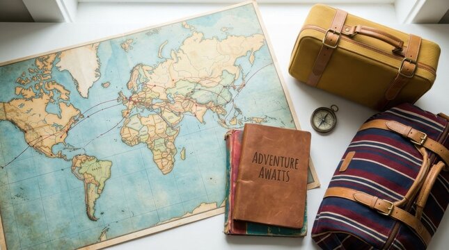 High-angle view of travel essentials including a world map with flight routes, a yellow suitcase, a striped bag, a compass, and a leather journal titled Adventure Awaits on white.