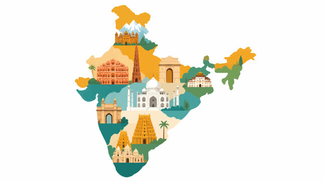India map with iconic architectural landmarks and cultural heritage sites for independence day travel and tourism promotion