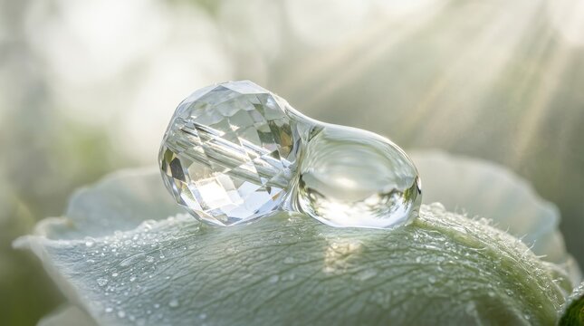 Clear crystal gemstone on a dew covered flower petal