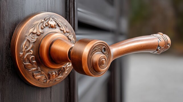 Close up of a bronze door handle and backplate on a polished wooden door showing scrollwork and patterns with natural lighting