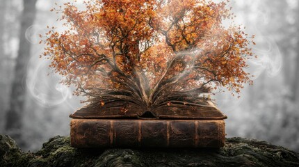 Autumn tree growing out of an open antique book © FryArt