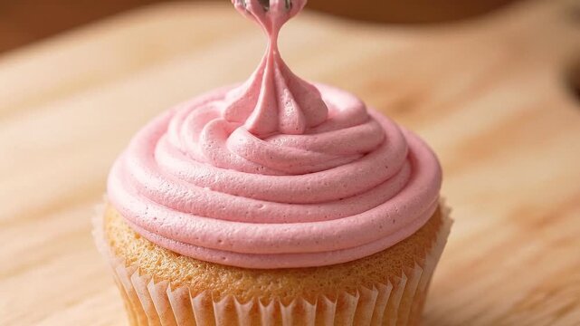 Baker decorating a cupcake with pink frosting using a piping bag. Process of applying swirl cream icing onto a baked muffin. Culinary art and bakery concept.