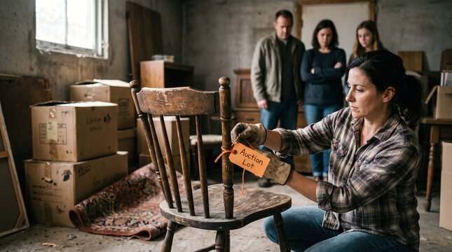 Auction lot tag attached to chair as family watches household sale