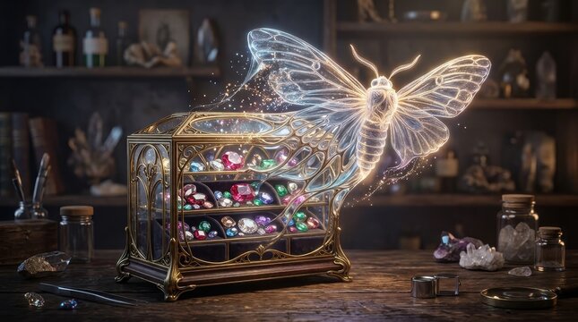 Glowing ethereal butterfly emerging from a vintage jewelry box filled with gemstones