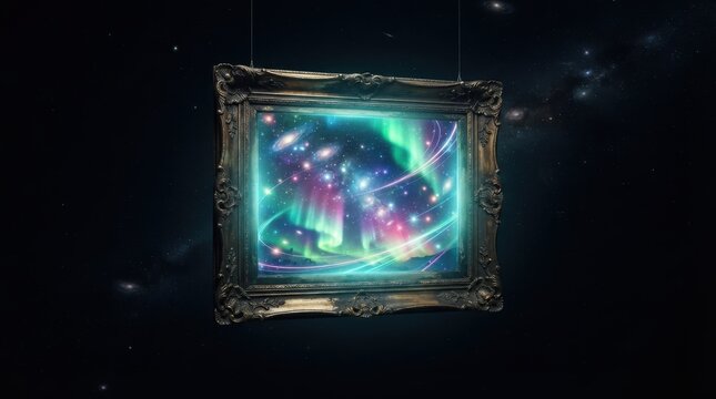 Ornate picture frame displaying a glowing aurora and galaxy in outer space