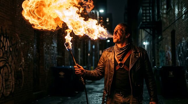 A daring street performer breathes a large flame from a torch in a dark urban alleyway at night.