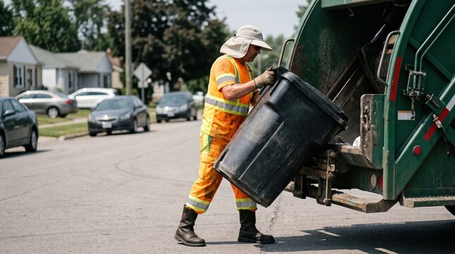 Sanitation worker lifting heavy trash bin in sun hat with neck flap