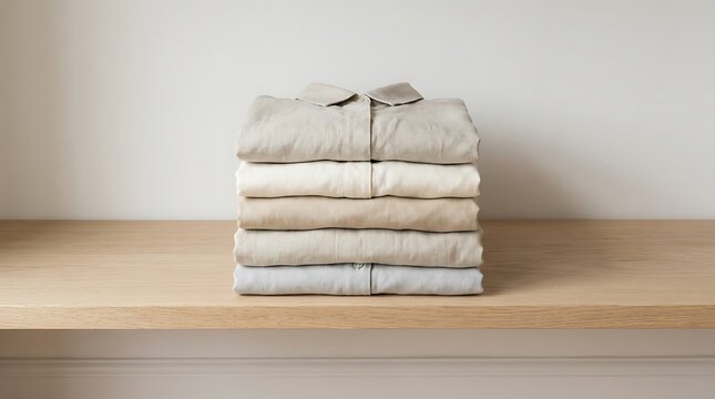 A neat stack of folded neutral colored linen shirts on a wooden surface.